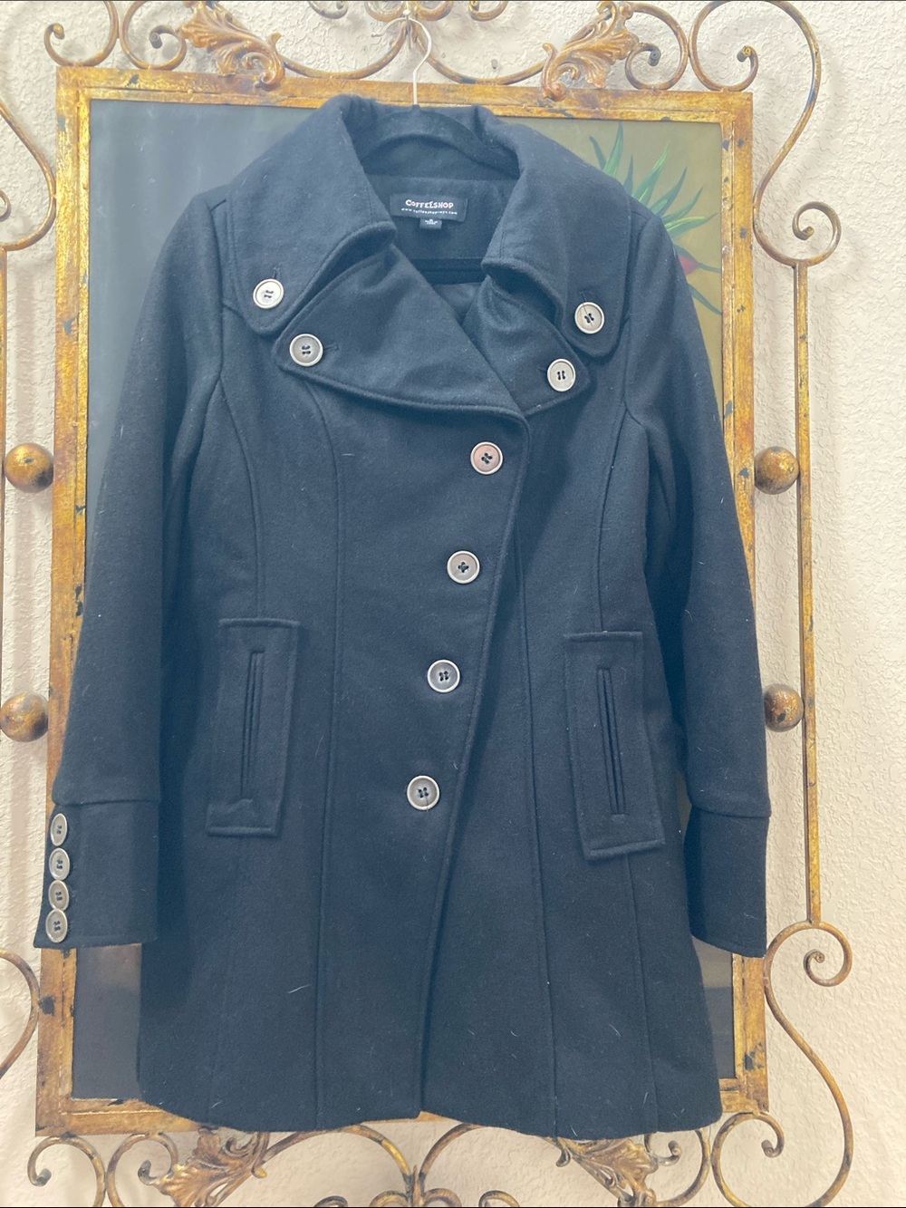 NWOT CoffeeShop Wool Blend Wide Collar Quilted PeaCoat w/Metal Buttons P2P 19in.